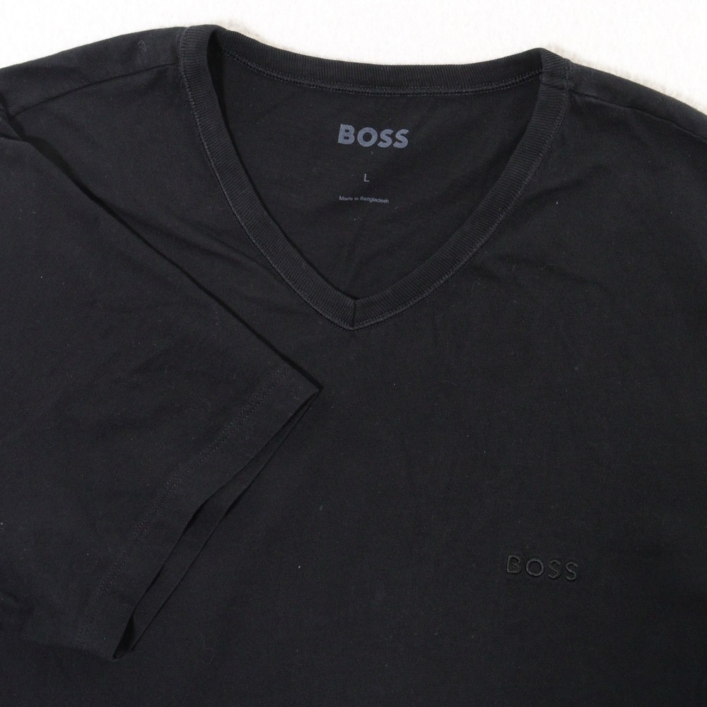 BOSS T-Shirt V-Neck Embroidered Logo Black Cotton Men L